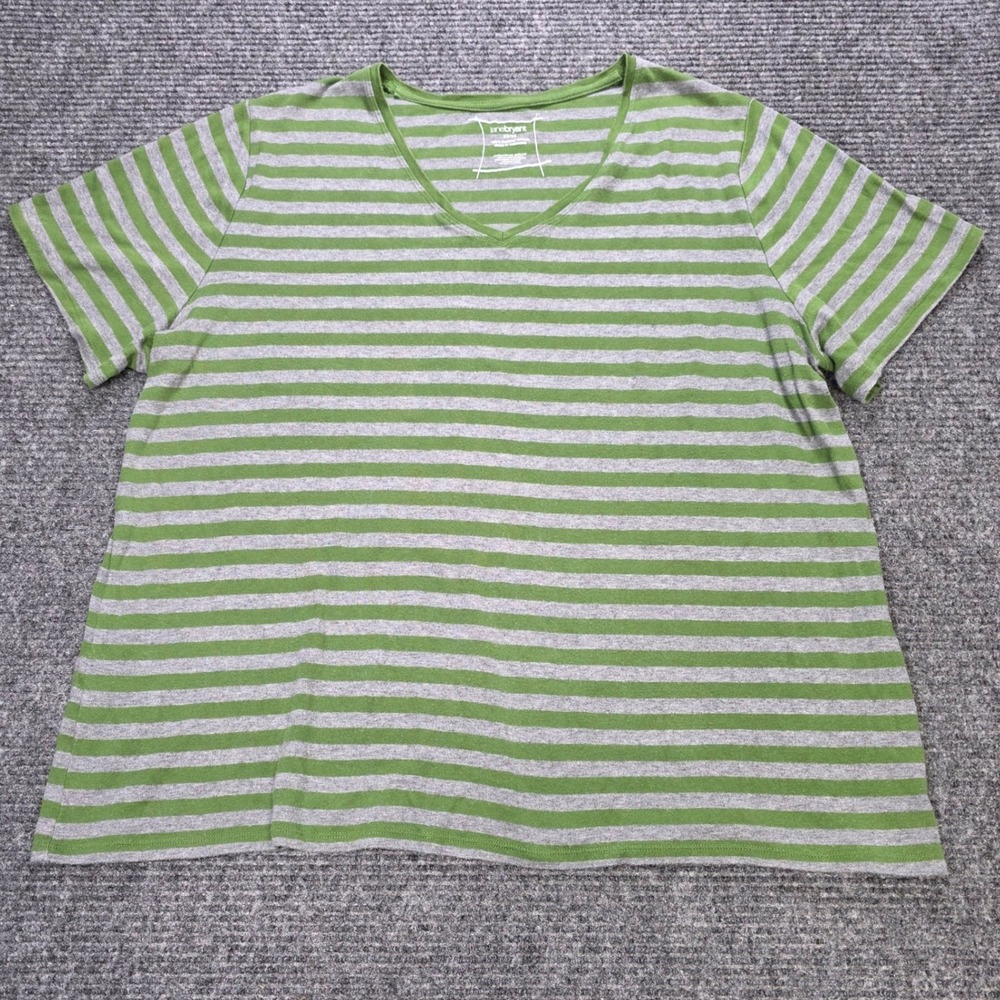 Lane Bryant T-Shirt Women's Size 22/24 Green Gray Striped Supima Cotton V-Neck